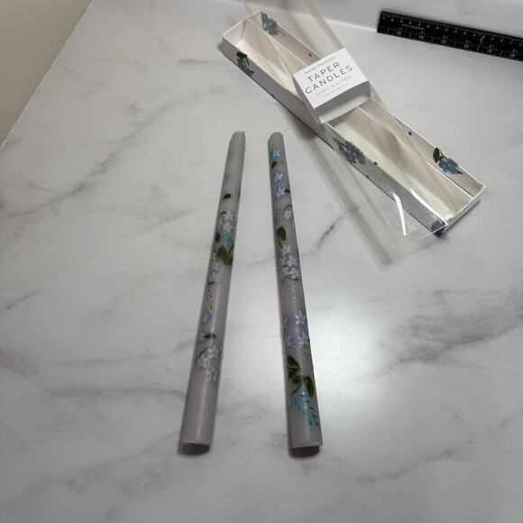 Anthropologie Set/2 Taper Candles Hand Painted Blue White Floral 12” NEW Boxed - Picture 3 of 4
